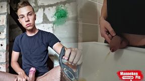 pissing in the washbasin at the gas station the young guy