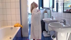Big blond German girl with big tits bathroom sex