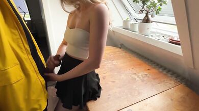 Raincoat missionary on kitchen table with horny blonde teen