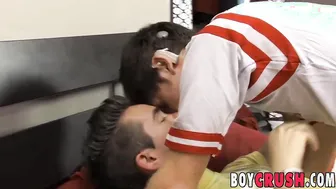 Twink bottom moans during hardcore bareback anal drilling