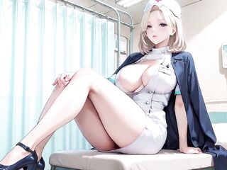 Blond Nun Nurse! Slothful Kneeling on the Hospital Daybed, Hand Cupping Her Soft Breast with a Hazy Gaze