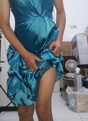 Asian Crossdresser Satin Shiny Ruffle Dress Cumshot