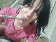 she sucks a pop and shoves it in her hairy pussy GinnaGg