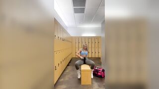 Public Jerking-off: randy FIT gym Hottie massages crotch and CUMS all above bench amid locker room