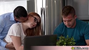 Chubby redhead stepsis gets help with her orgasm during POV threesome