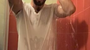 Stroking my big Italian cock in the shower