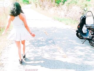 SOLO FEMALE BIKER FEMALE COSPLAY PETTICOAT GIVES FELLATIO ON BIKE TRAIL RANDOM