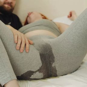 Peeing in my leggings while he masturbates and fucks me