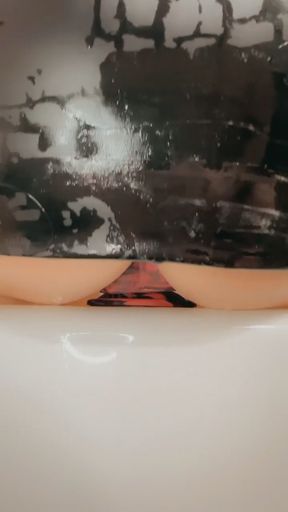 Black leather mini dress sitting on my thick dildo in the shower