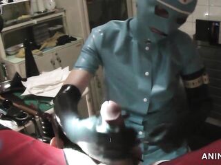 Rubbernurse Agnes - short blue latex nurse suit with mask- a little bit blow job, tugjob, prostate massage, delicate CBT.....then the SD card was full!