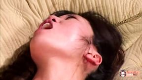 Asian babe takes on two large cocks in a wild threesome