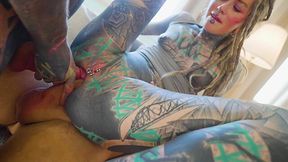 All-tattooed Anuskatzz is getting three cocks at a prices of one