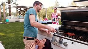 Stepdad was busy with the barbeque when the XXX teen was giving head