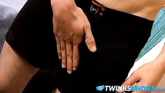 Slim twink jerks off in underwear and cums