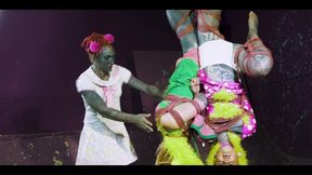 Tattooed emo girl suspends two rope bunnys in Shibari master class