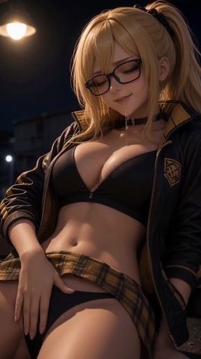 Anime gaming cosplay blonde on bench behind fairgrounds   Clip 2