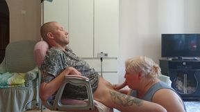 Wife Watches Mother-in-law Doing Deep Blowjob and Swallowing Cum