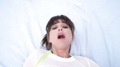 Petite brunette slobbers on a huge dick before having her trimmed pussy railed