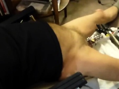 Fuck machine sounding my cock in chastity cage