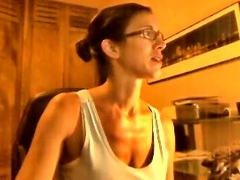 Busty curly brunette with big boobs fucks on couch