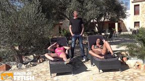 two tattooed babes get their pierced and shaved cunts screwed outside by a man with hard cock