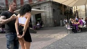 Spanish slut Pamela Sanchez is tied and dragged through Madrid streets, then in a crowded bar throat and pussy&#x270C; rough banged for the crowd