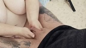 Mother-in-law does an oil penis hand job
