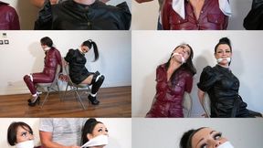 Leather clad spy's chair tied and handkerchief gagged (mp4)