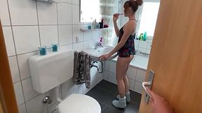 Redhead teen student has a morning routine with a dick right in the bathroom pov