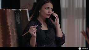 Pretty brunette got her teen pussy pumped while frozen in time