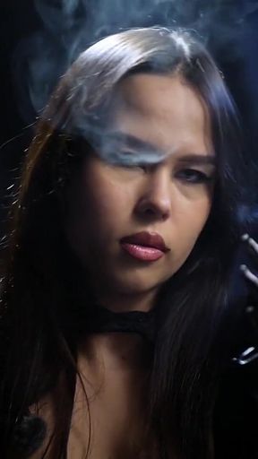 Sexy Russian Brunette Smoking in Black Lace Gloves
