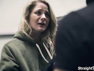 Chap is startled by homeless teen Lisey Lovely who has followed him home.This guy cools down and suggests the small blond a shower.That babe repays him with sex