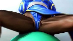 chun-li from street fighter on a yoga ball