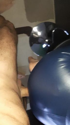 Shiny ass fucked in blue latex pants