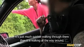 Two cops find a hot blonde with big boobs getting it on in the woods.