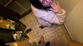 risky outdoor & indoor blowjob in stockings & white fur coat – messy cum finish 297
