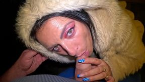 risky outdoor & indoor blowjob in stockings & white fur coat – messy cum finish 297