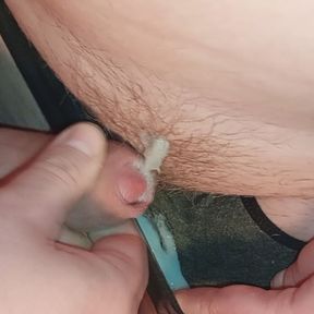 First I jerk off his cock, then he jerks himself off and cums in my panties