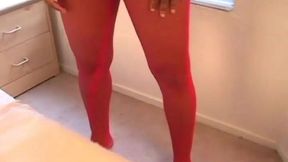 belle dleon in red fishnet pantyhose sucking cock and licking balls