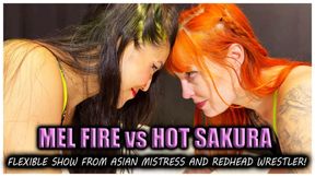 Mel Fire vs Hot Sakura - Sexy flexible redhead asian girl fight