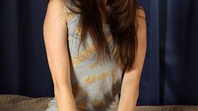 Anne: barefoot girl in dress, cuffed with leather cuffs on her hands and ankles, poses for camera (HD MP4)