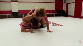 Brunette fitness babe dominates muscular Asian in intense lesbian wrestling