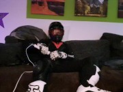 Biker cumming inside a dainese suit