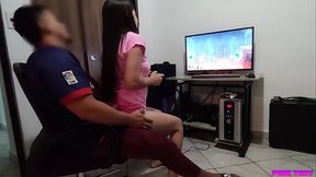 Innocent stepsister playing while sitting on my lap on my gaming PC