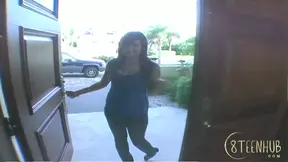 Brunette Latina Samira pleases pole before getting fucked hard