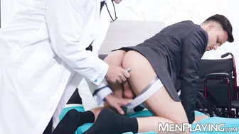 Muscular doctor Manuel Skye barebacks patient Enzo Muller in kinky exam