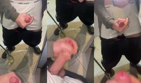 Twink jerks cum hard in mirror while daddy watches sticky mess