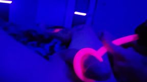 Blacklight Goth Girl with Neon Hair Edges Big Dick with Crazy Massage Gun Toy Gets Huge Cumshot