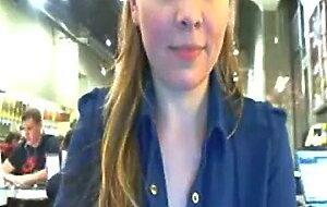 Cam model strips and flashes in very crowded cafe on webcam