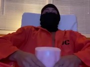 Masked Prisoner breaks into a house and fucks a fleshlight.   Moans and cums inside it!